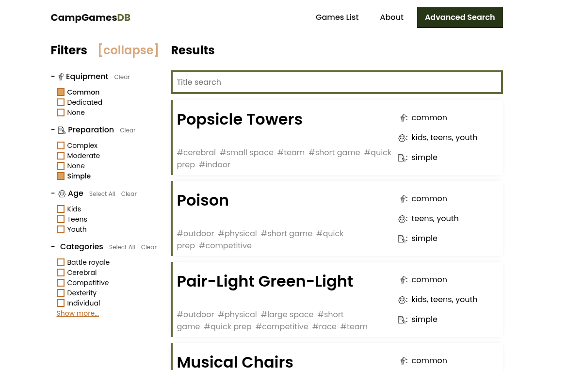 screenshot of the advanced search page
